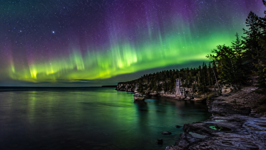 Northern Lights Over Lake Superior Cliffs in Michigan